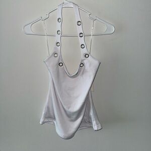 White Halter Tank Top with Grommet Detail